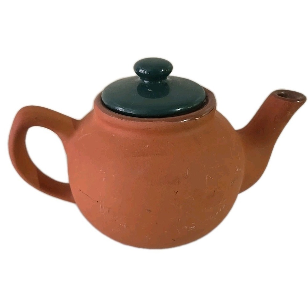 Vtg Ceramic Pot Brown Stoneware Taiwan Clay Teapot Green Lid Kettle